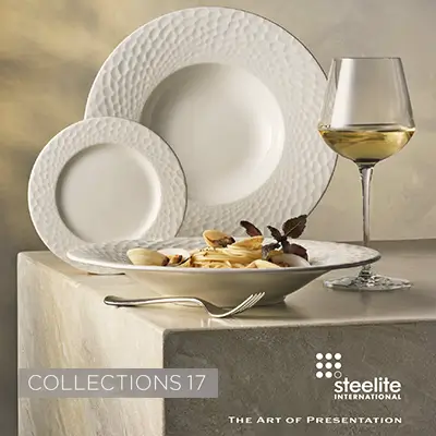 Elegant white Steelite dinnerware plates and bowl with wine glass from Collections 17, showcasing modern hospitality table setting